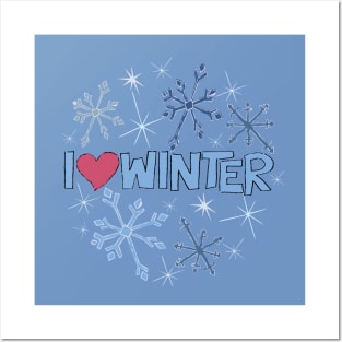 I Heart Winter Illustrated Text with snowflakes Posters and Art